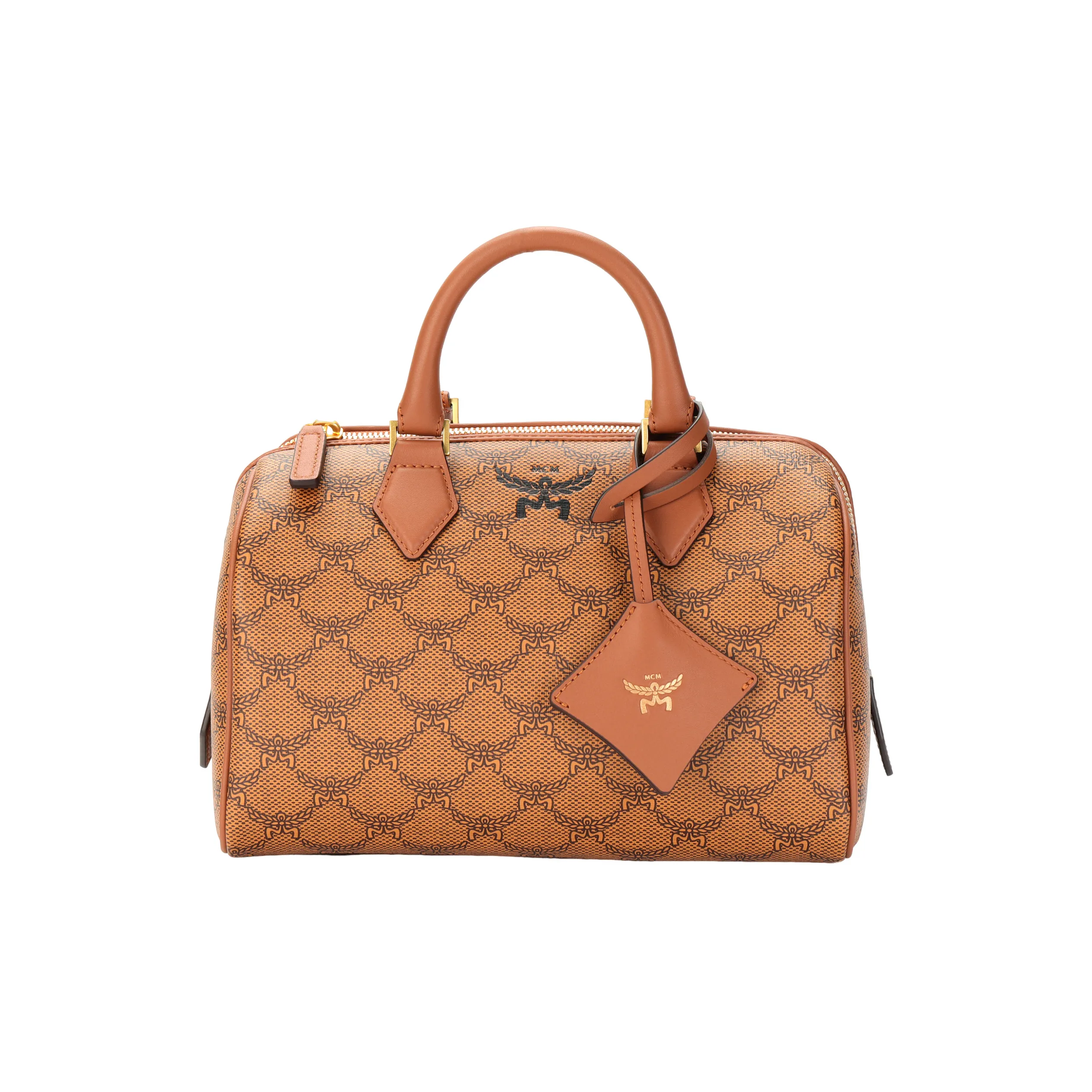 MCM Покрытый холст с кожаными вставками Бостонская сумка сумка через плечо сумка на плечо маленькая сумка женская цвет коньяк