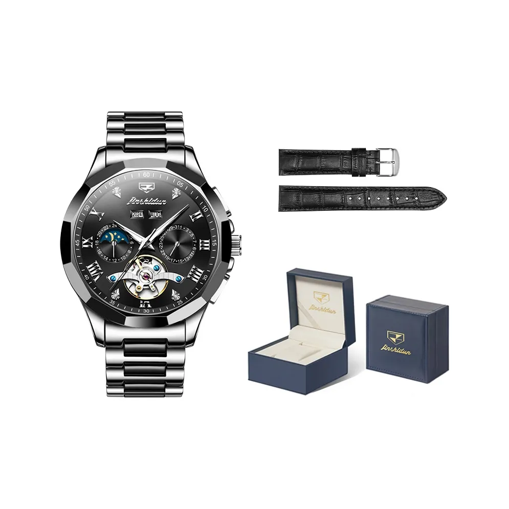 Jin Shi Dun Black Warrior Box Mechanical Movement Stainless Steel Watchband Watch Men's Watches Black Dial