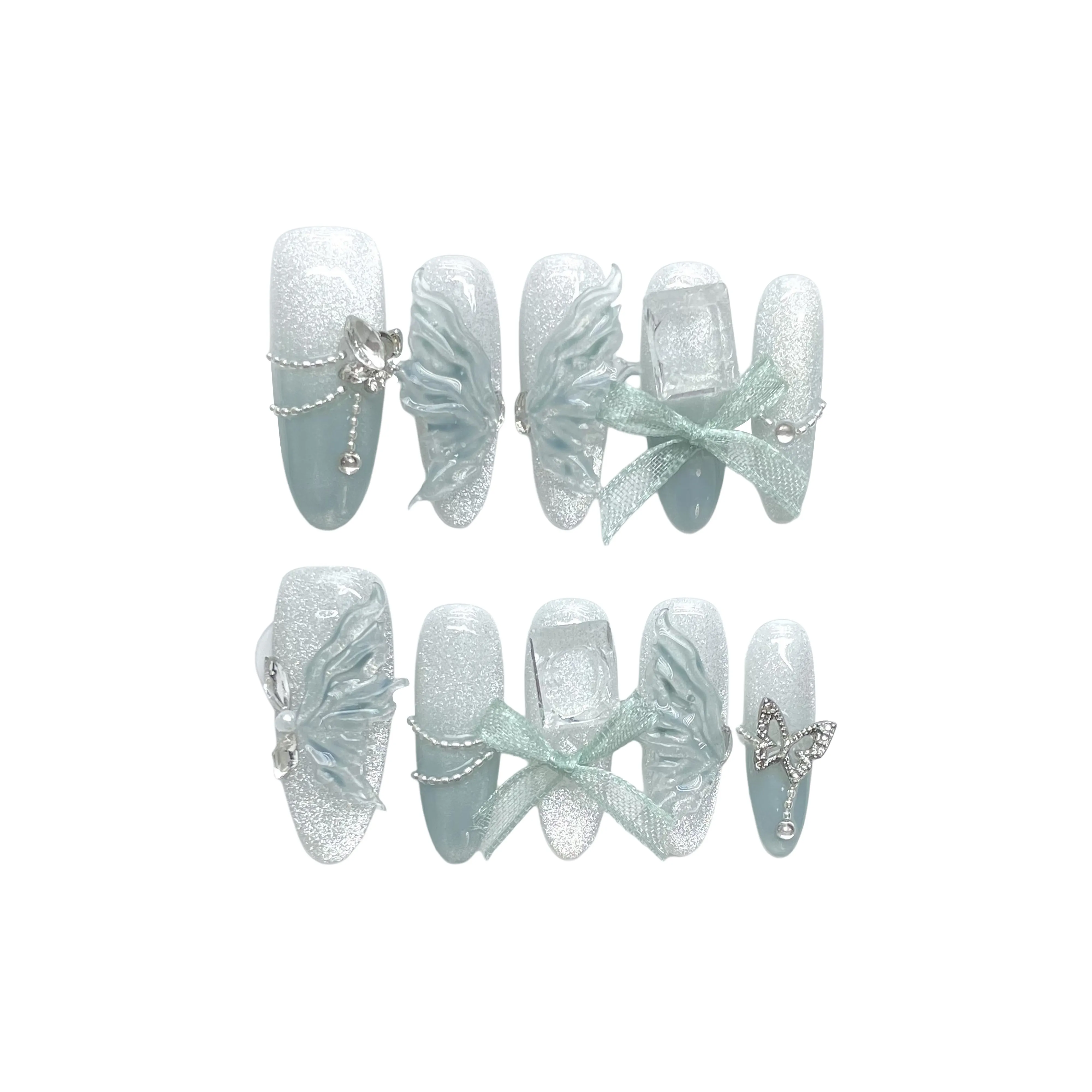 SHANGSHIQIN Фея Светло-Синий Бабочка Фея Осветляющий Ручная Наращивание Ногтей 25 мм Миндаль Синий Градиент
