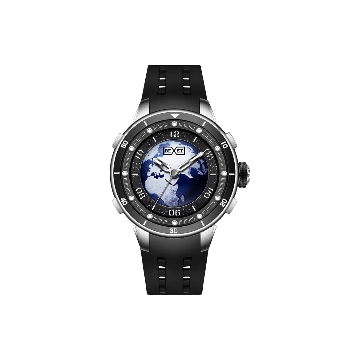 BEXEI Blue Planet Collection Автоматический Механический Механизм Резиновый Ремешок Часы Мужские Черный Циферблат