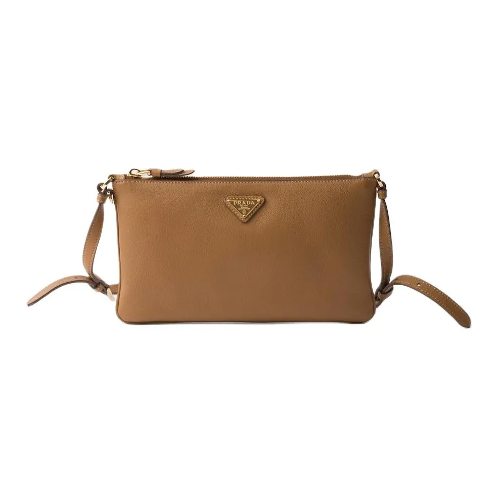 prada campaign Leather Clutch Shoulder Bag Women's Caramel