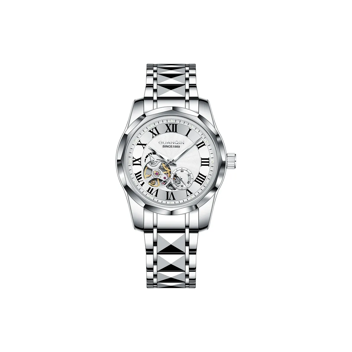 GUANQIN Автоматический Механический Механизм Вольфрамовая Сталь Ремешок Часы Унисекс Белый Циферблат