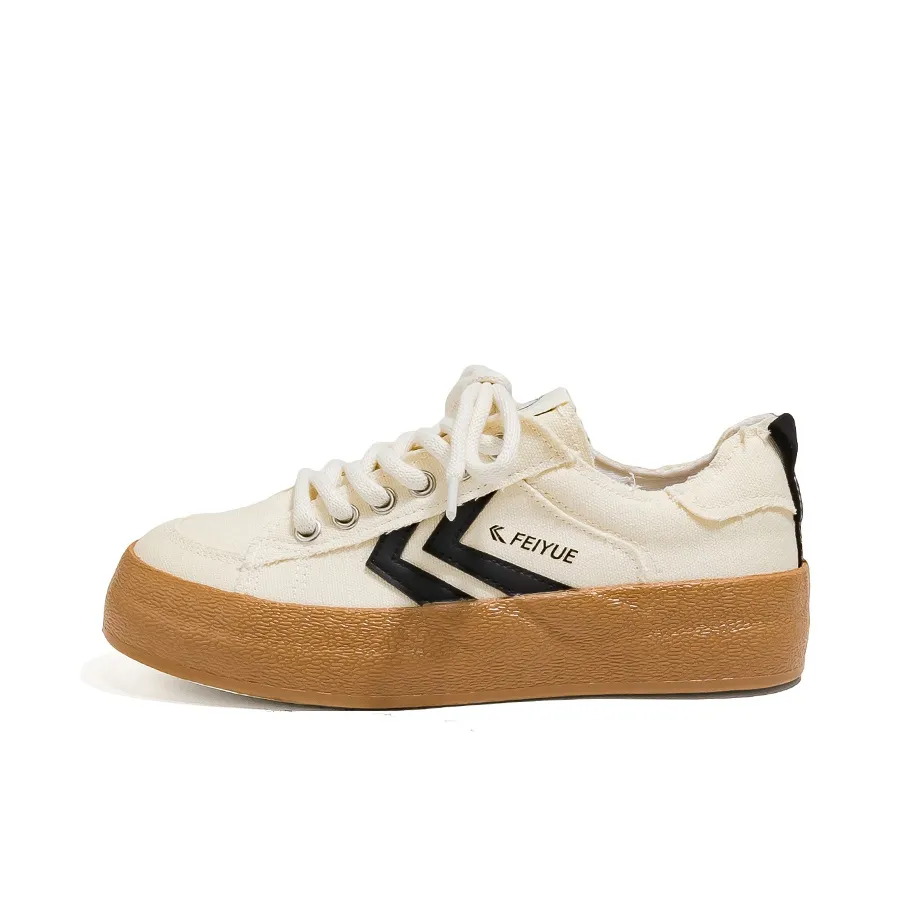 Feiyue Durable Breathable Lightweight Low Top Canvas Shoes Unisex Beige Black