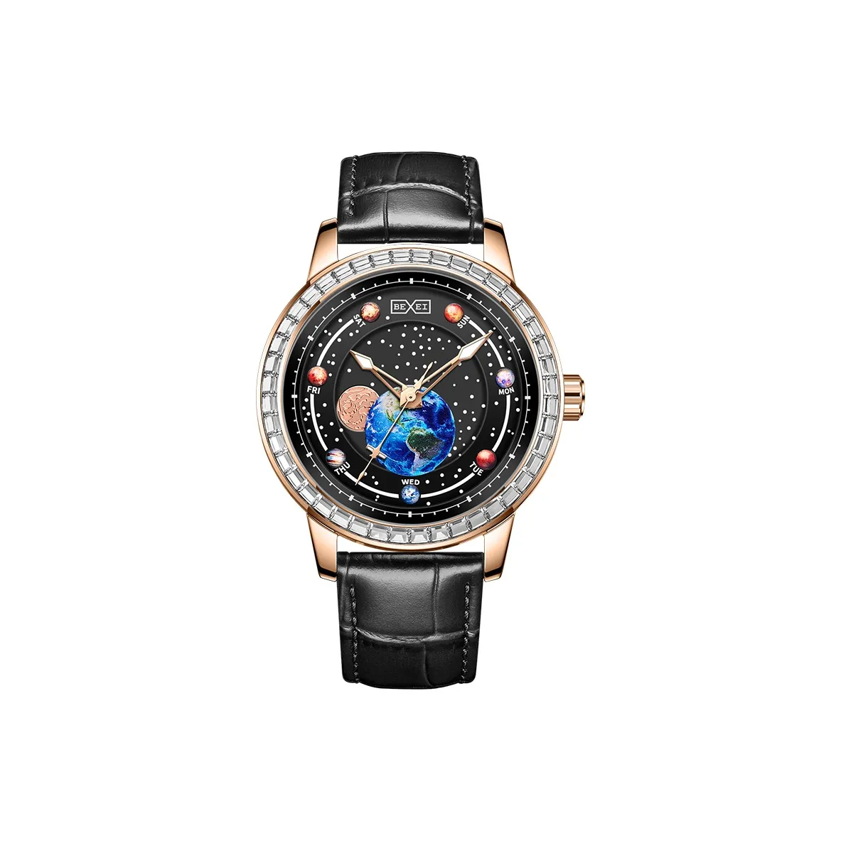 BEXEI Zodiac Collection Механические часы Кожаный ремешок Часы для мужчин Черный циферблат