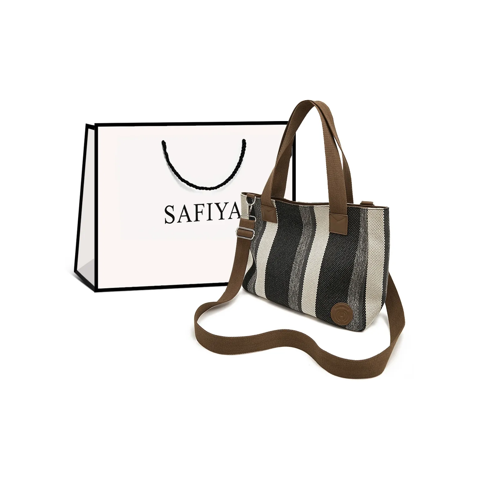 Safiya Fabric Synthetic Leather Tote Bag Shopping Bag Handbag Shoulder Bag Women's Black/Brown