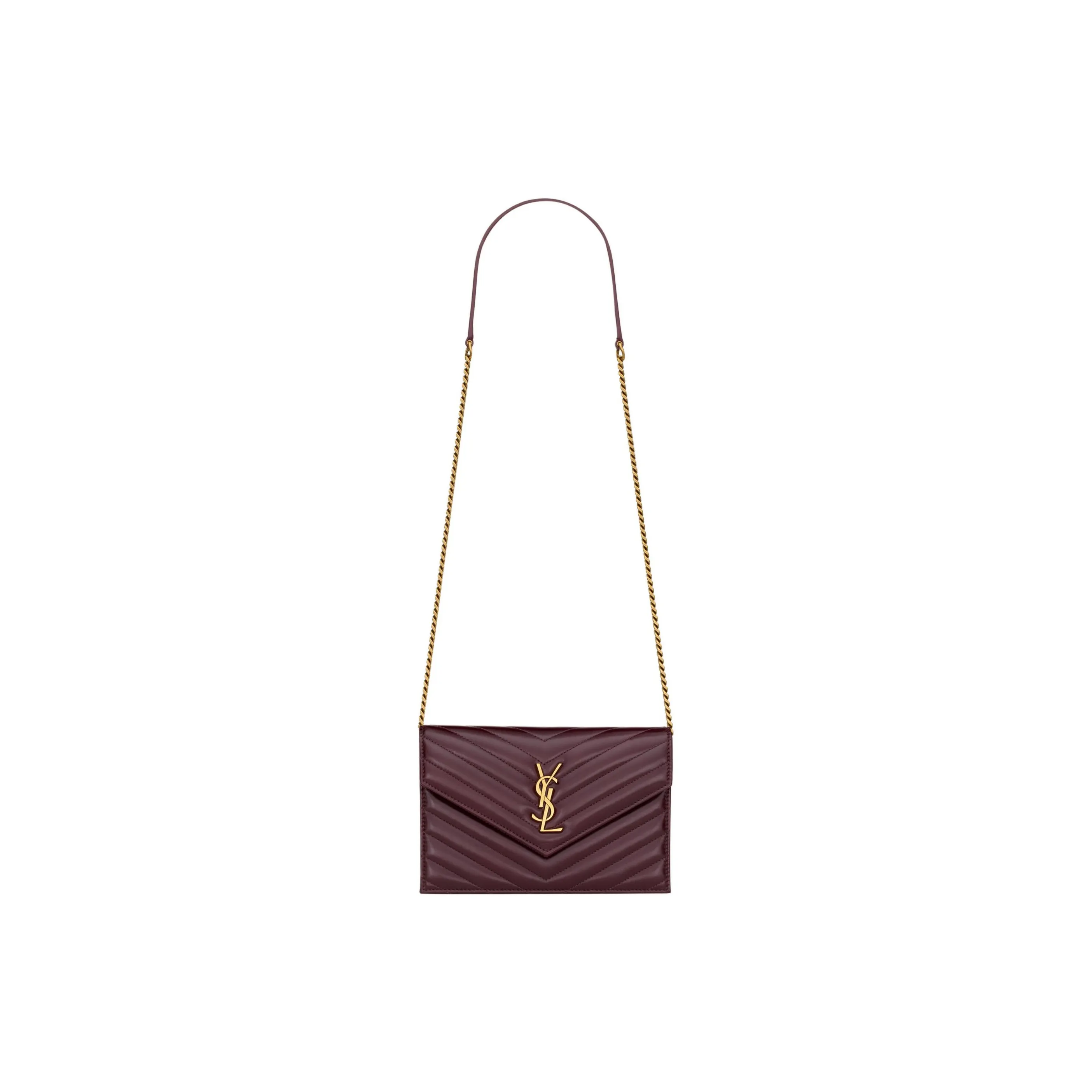 SAINT LAURENT Shiny Leather Clutch, Wallet, Shoulder Bag Women's Blood Red