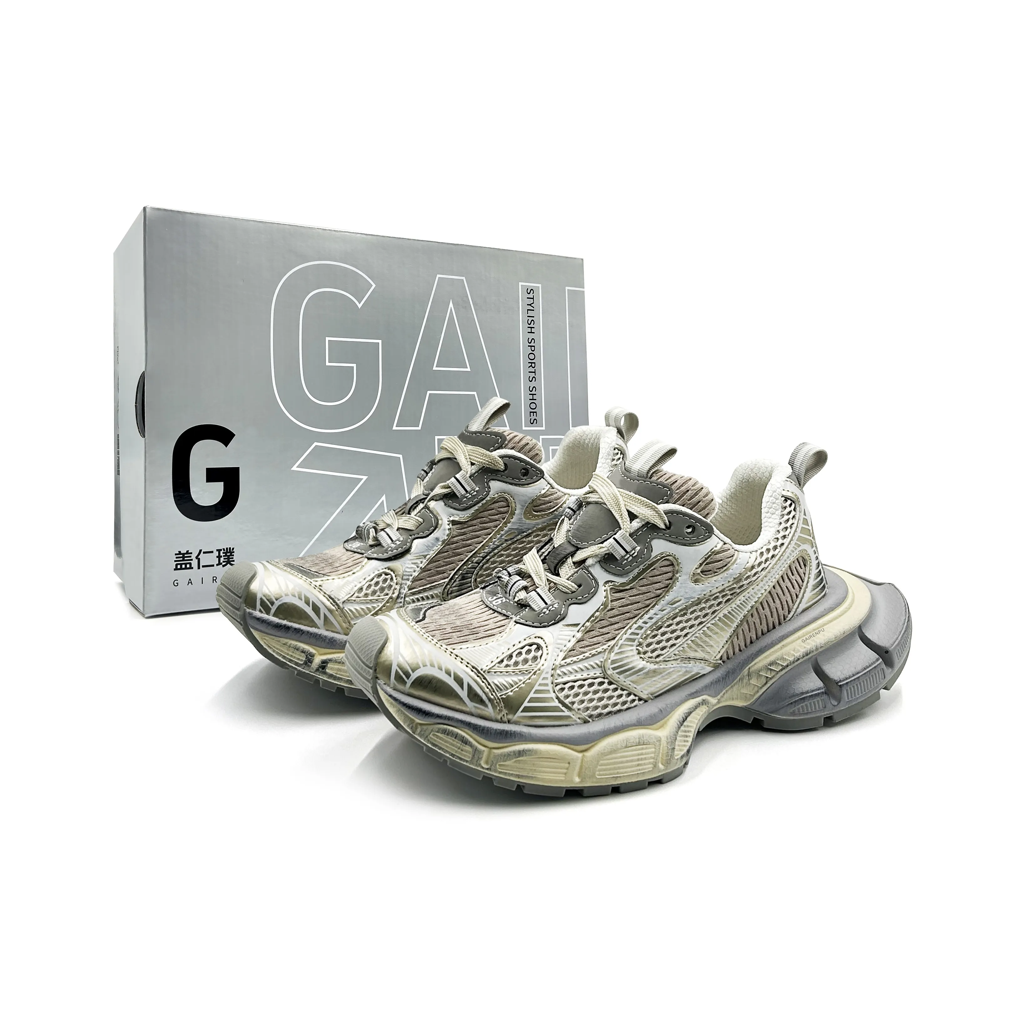 Gai Renpu Slip-resistant Breathable Height Increasing Low-Top Footwear Unisex Champagne Distressed Gai Renpu Противоскользящий Дышащий Увеличивающий высоту Низкий верх Обувь Унисекс Шампанское Потертый