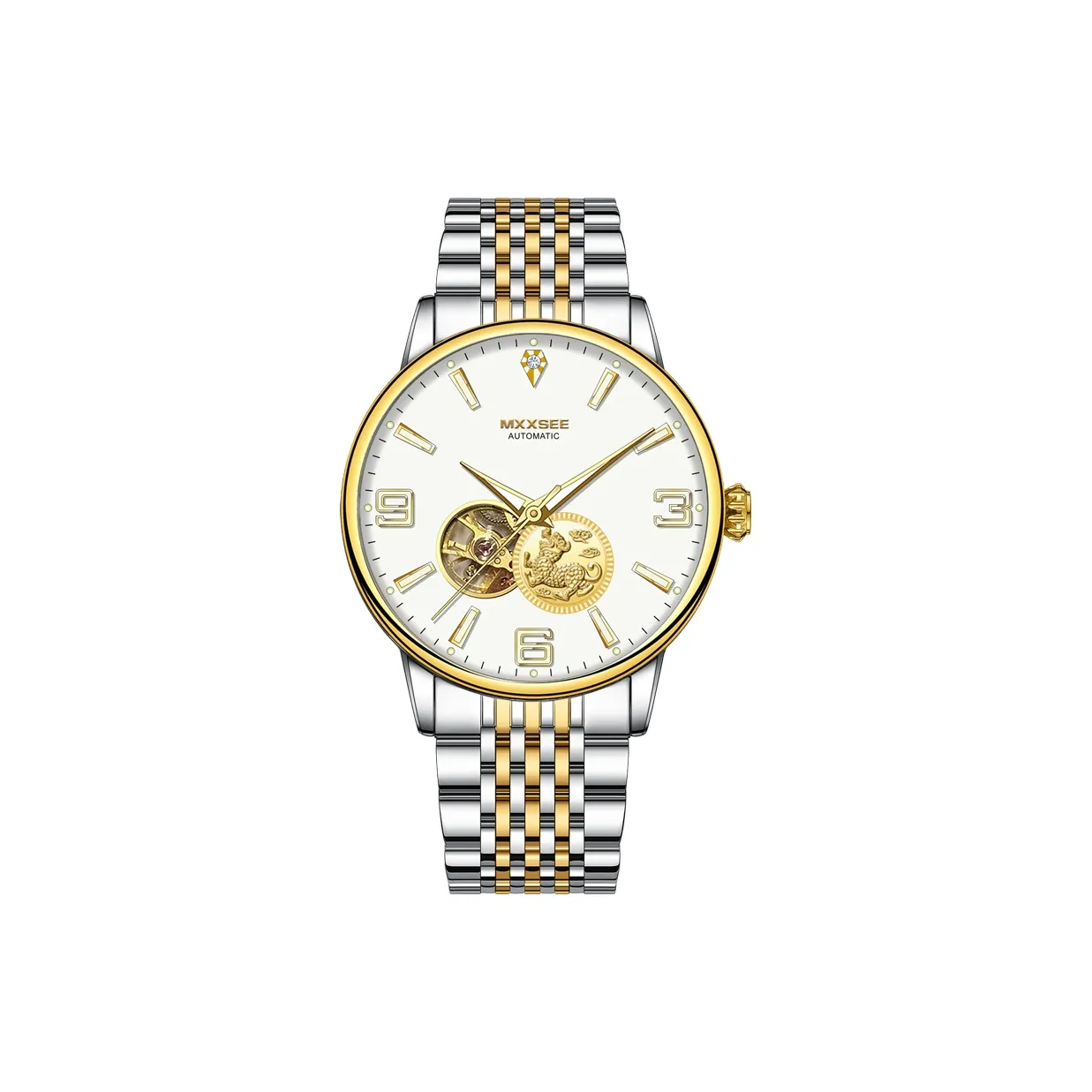 MXXSEE Открытка Написание Service Коробка Механический механизм Стальной ремешок Часы Мужские Белый циферблат