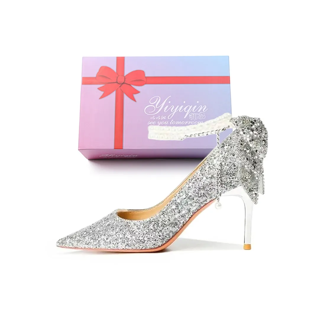 Take The Qin Узкий каблук Высокие каблуки 8 см Женские Серебряные Подарочный набор в коробке