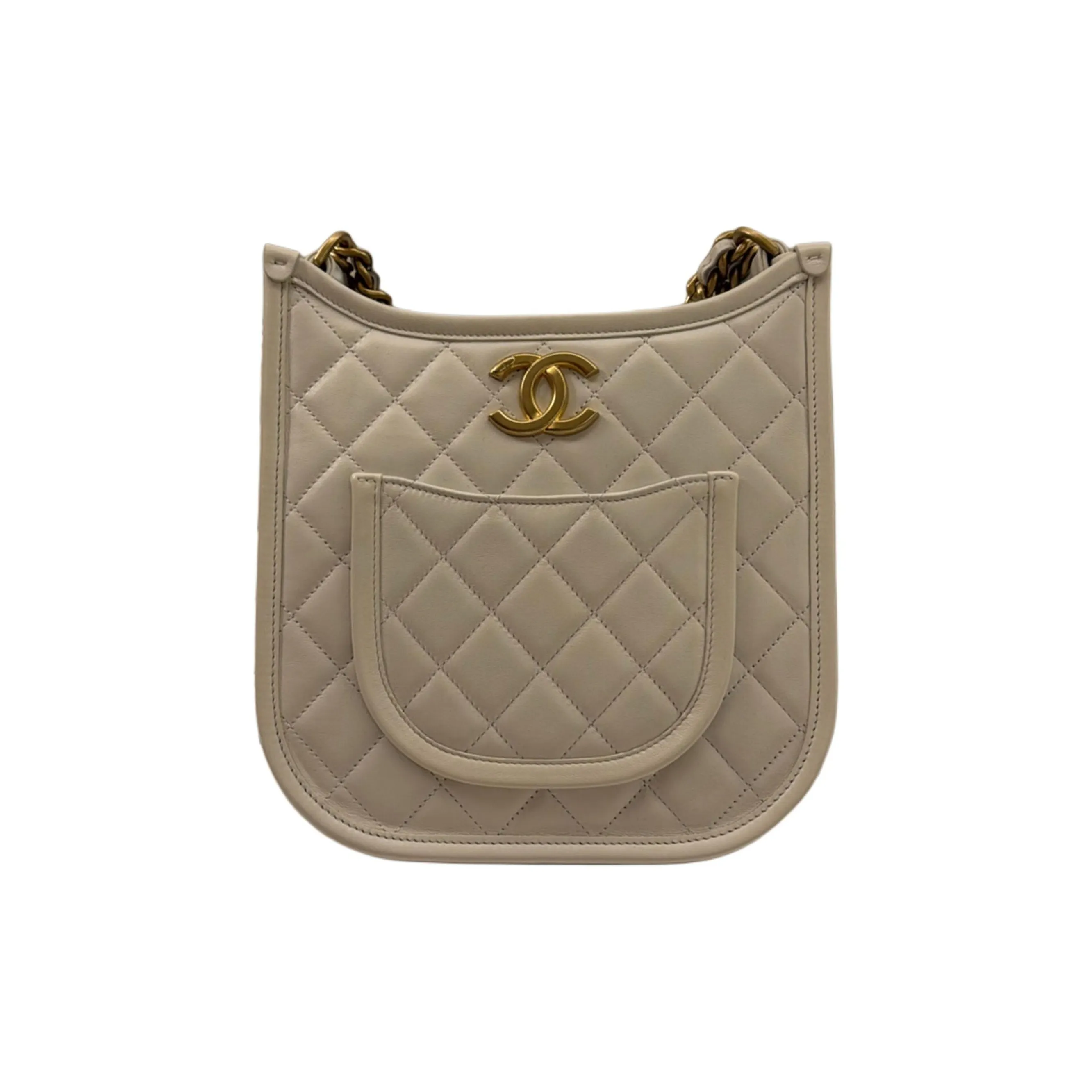 CHANEL Cow Leather Hobo Bag Hippie Bag Crossbody Bag Small Size Women's White