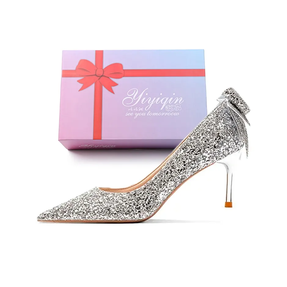 Take The Qin Узкий каблук Высокие каблуки 7 см Женские Серебряные Подарочный набор в коробке