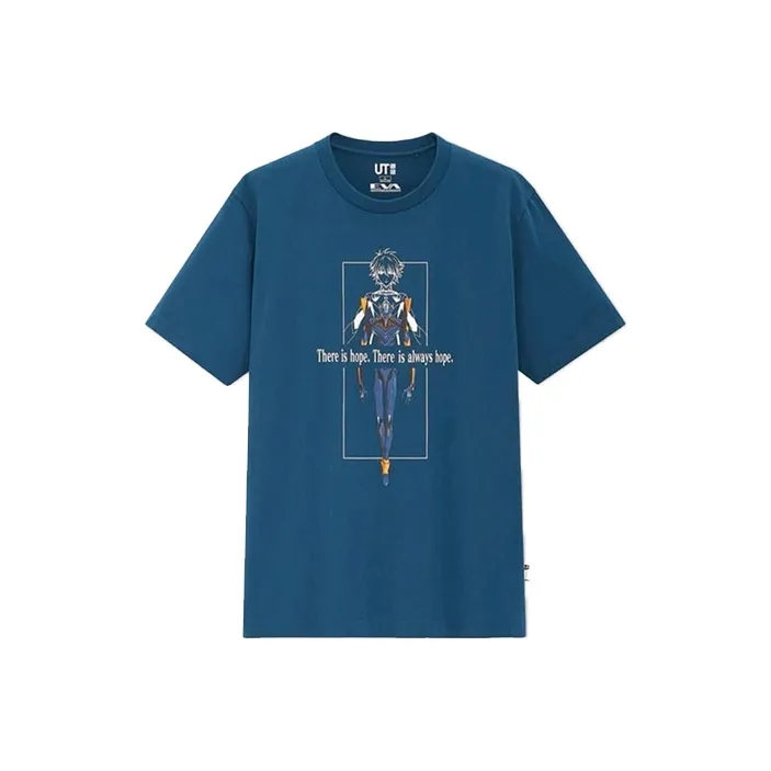 UNIQLO Круглый вырез Свободный крой Прямой крой Короткий рукав Т-рубашка Унисекс Темно-синий