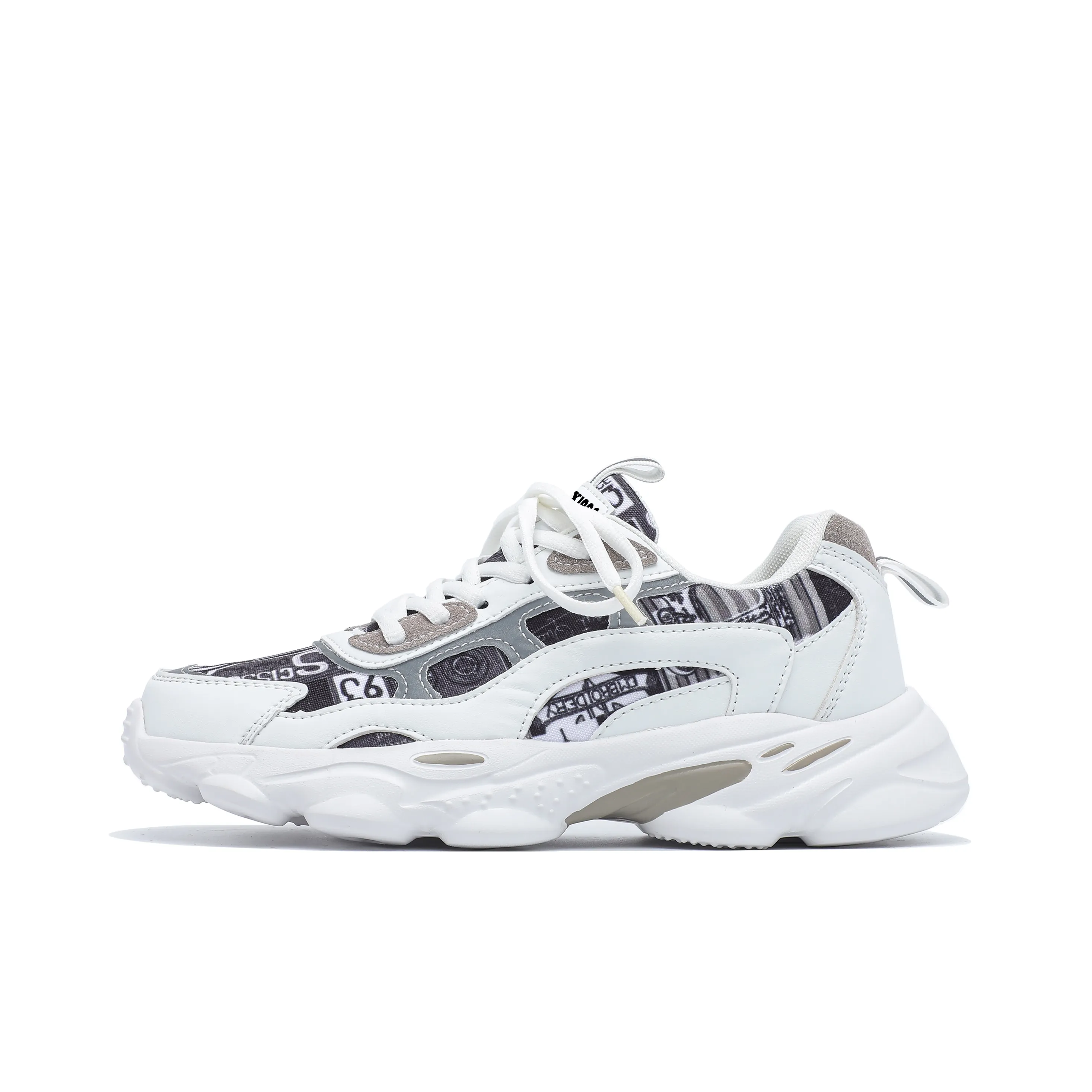 Singing Slip Resistant Breathable Height Increasing Low Top Chunky Sneakers Unisex White/Black Camouflage