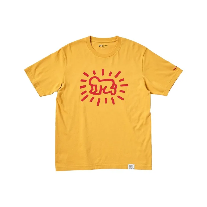 UNIQLO x · Keith Haring Круглый вырез Облегающий Прямой крой Короткий рукав Т-рубашка Унисекс Лимон