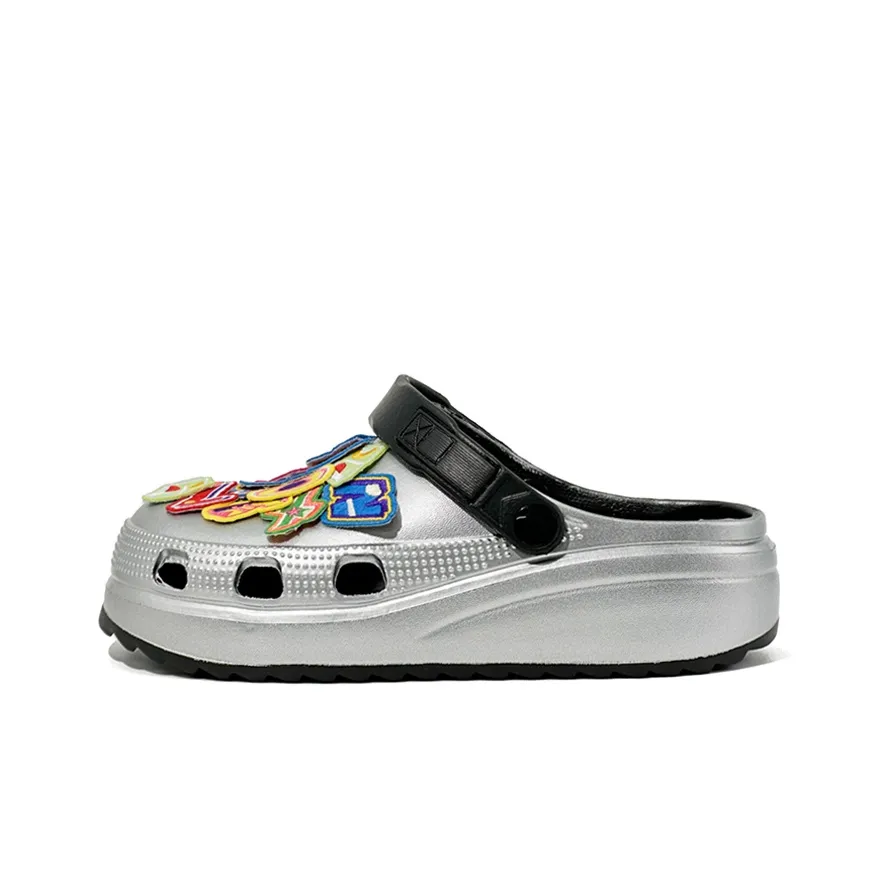 OUBT Rainbow Letter, Embroidery Clogs Unisex Silver Black