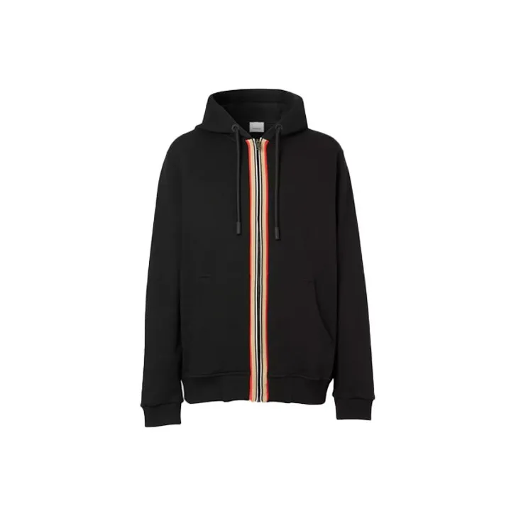 Burberry Icon Stripe Detail Cotton Zip Front Hooded Sweatshirt