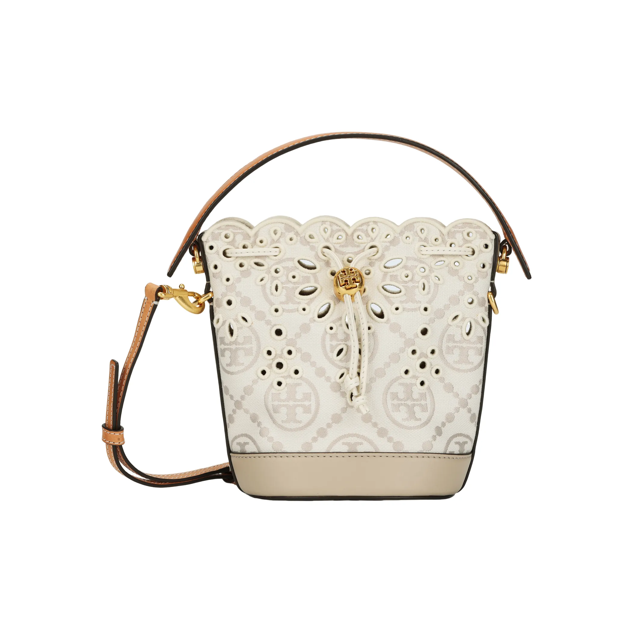 TORY BURCH T Monogram Leather Bucket Bag, Shoulder Bag, Crossbody Bag, Handbag Mini Women's Ivory White