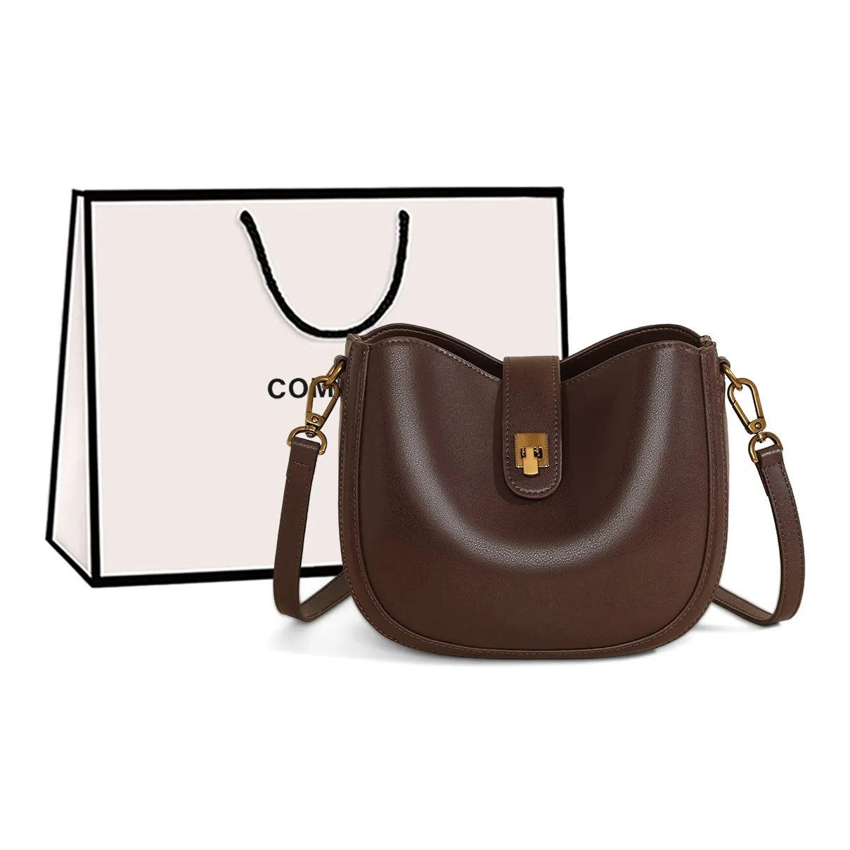 COMELY Cow Leather Shoulder Bag Crossbody Bag Women's Coffee