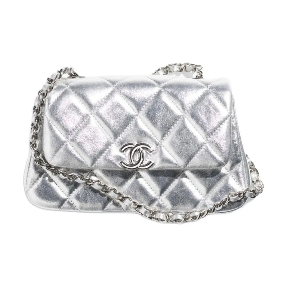 CHANEL Calfskin & Silver Metal Shoulder Bag Women's Silver