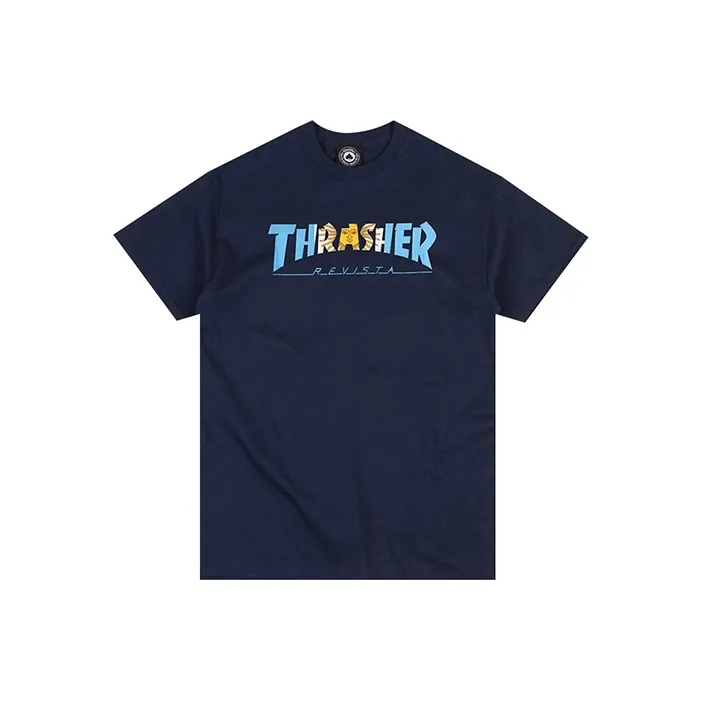 Thrasher Круглый вырез Свободный крой Прямой крой Короткий рукав Т-рубашка Версия для США Унисекс Синий
