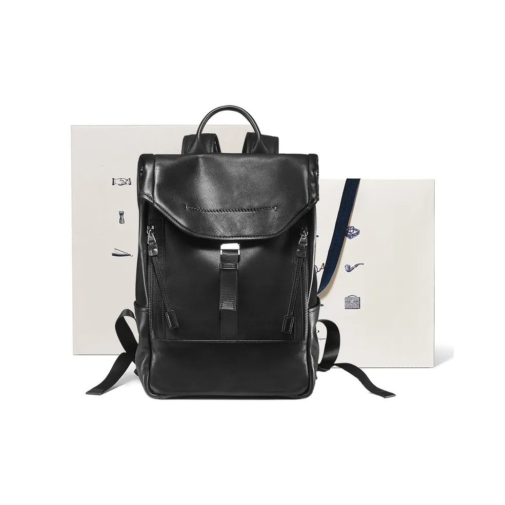 BVP Top Grain Cow Leather Casual 15.6 Inch Laptop Backpack Small Size Unisex Black
