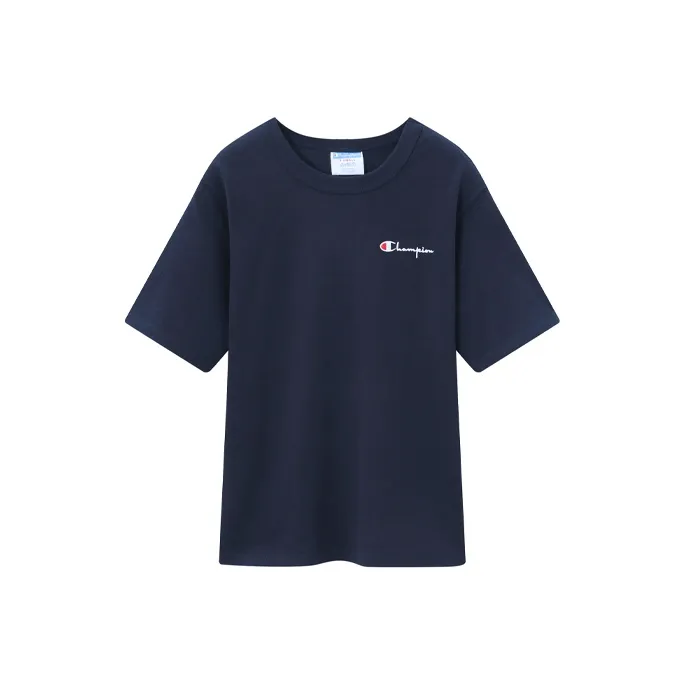 Champion Круглый вырез Облегающий Прямой крой Короткий рукав Т-рубашка Версия для США Унисекс Темно-синий
