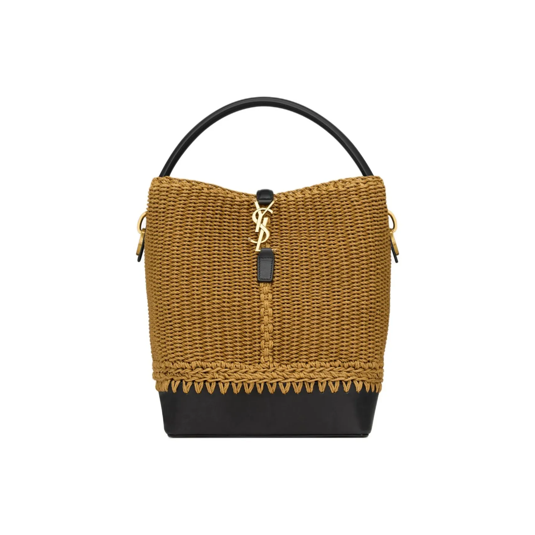 SAINT LAURENT Calfskin Bucket Bag, One Shoulder Handbag Women's Natural Brown & Black