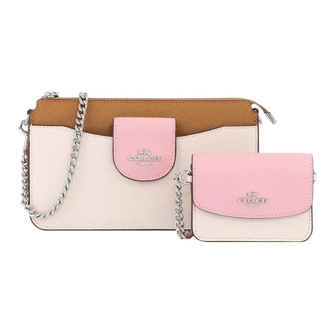 COACH POPPY Cross Grain Leather Combo Bag, Shoulder Bag, Crossbody Bag Trumpets Women's Chalk White & Pink