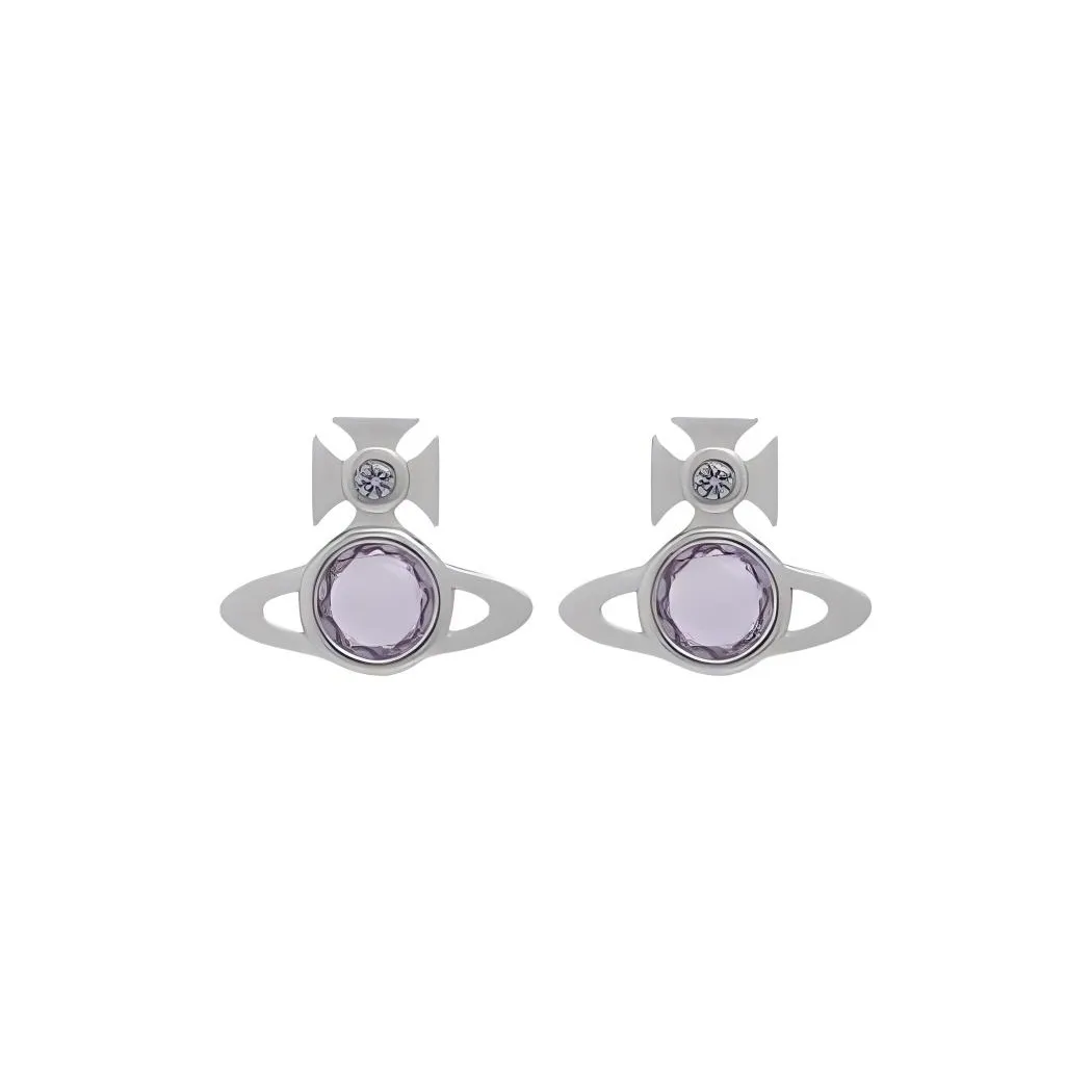 Vivienne Westwood Cubic Zircon, Silver Brass Saturn Styling Transparent Diamond Stud Earrings Unisex Silver/Gray Purple