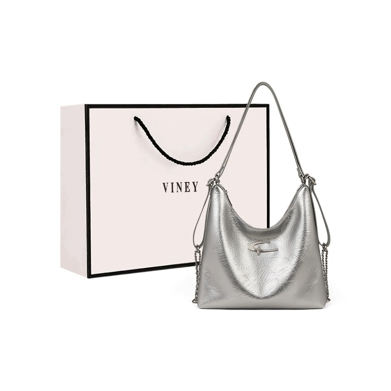 VINEY Cow Leather Shoulder Bag Tote Large Size Women's Silver