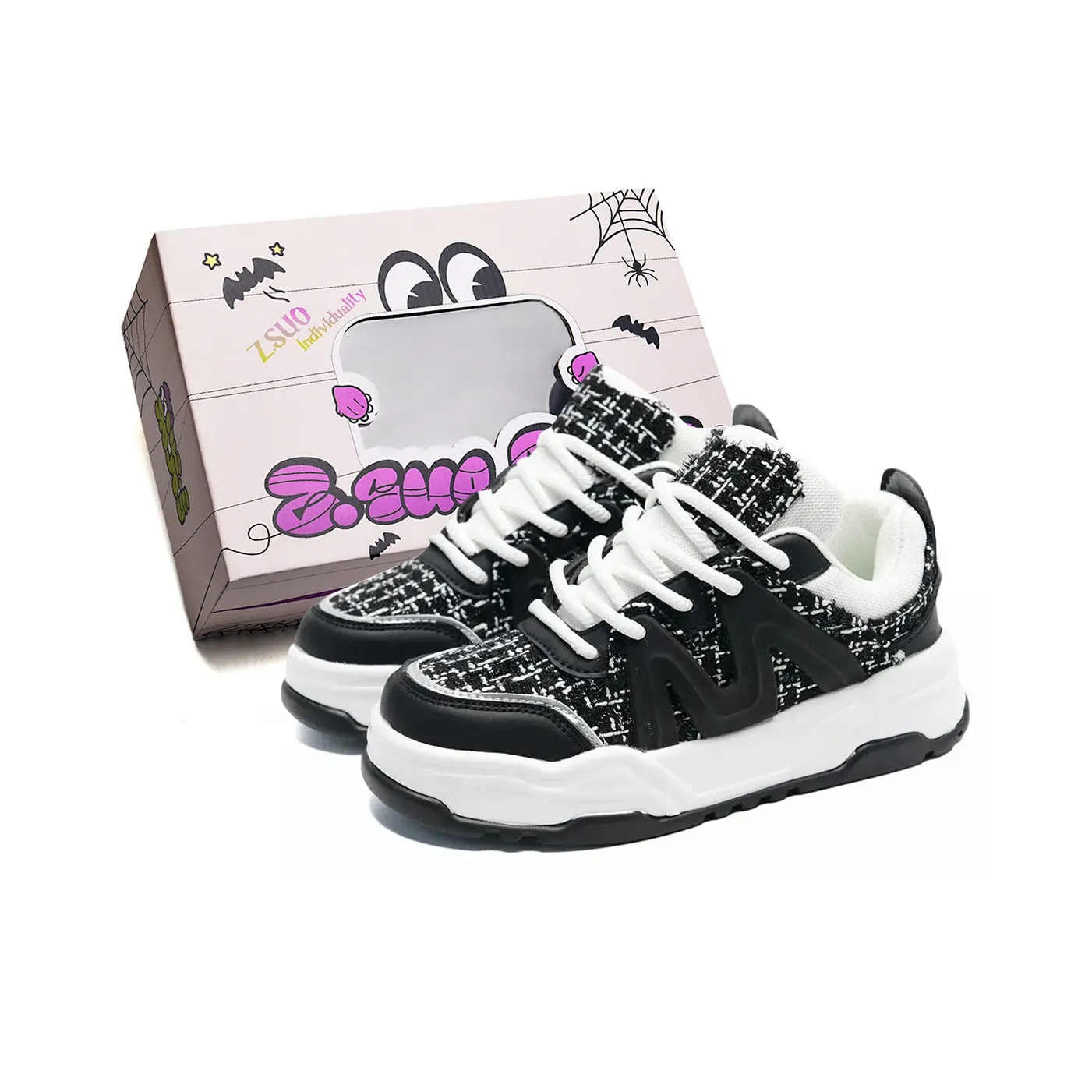 Z.SUO Coverage Wear Resistant Balance Height Increasing Low Top Skateboard Shoes Unisex Black And White Chanel Inspired