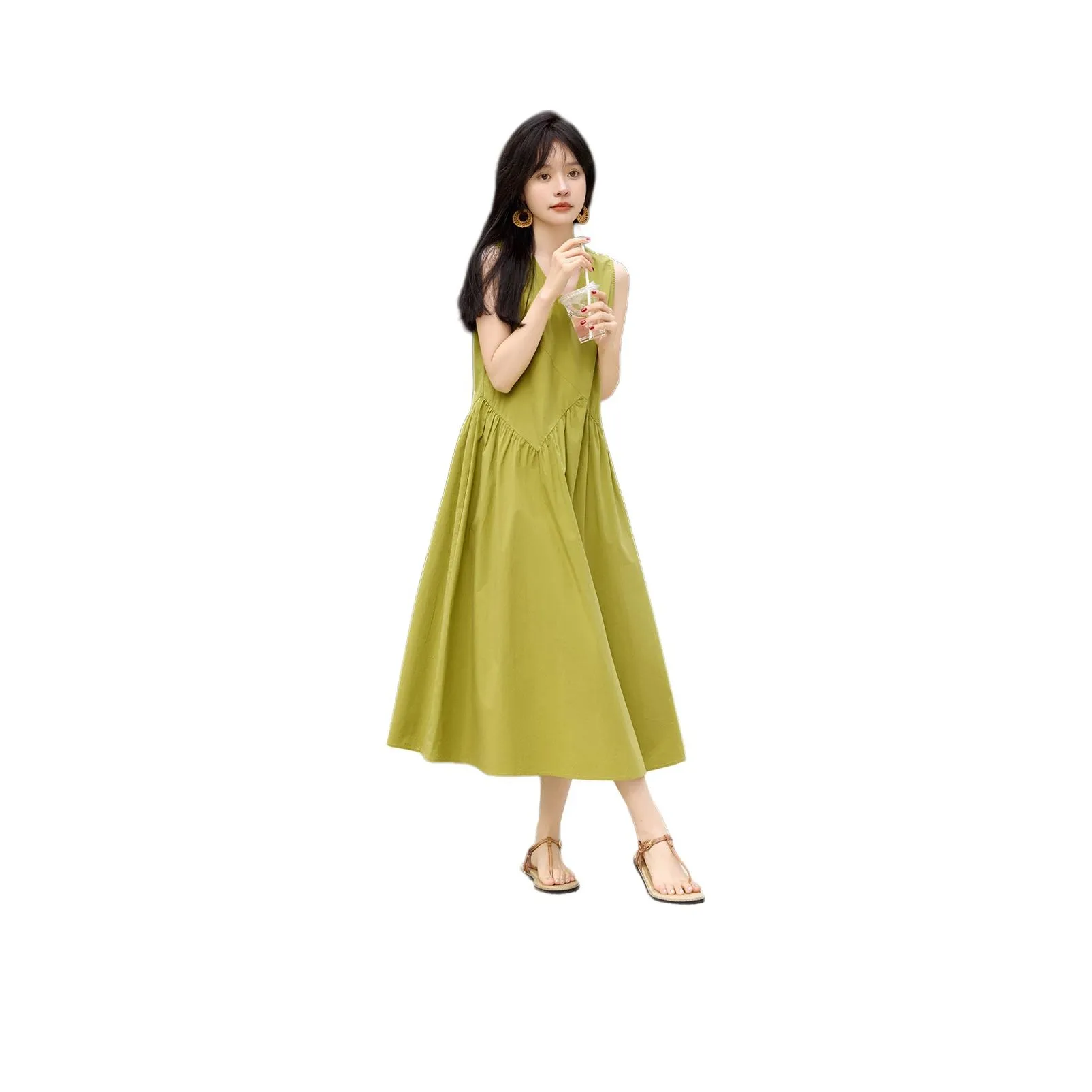 Mo Han Yi Mei Slip Платье Женское Горчично-зеленый