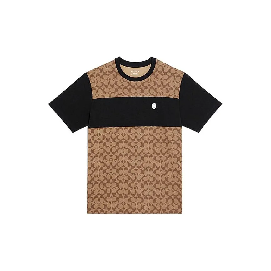 COACH SS22 Men Logo Full Print Patchwork Short Sleeve T-shirt Khaki