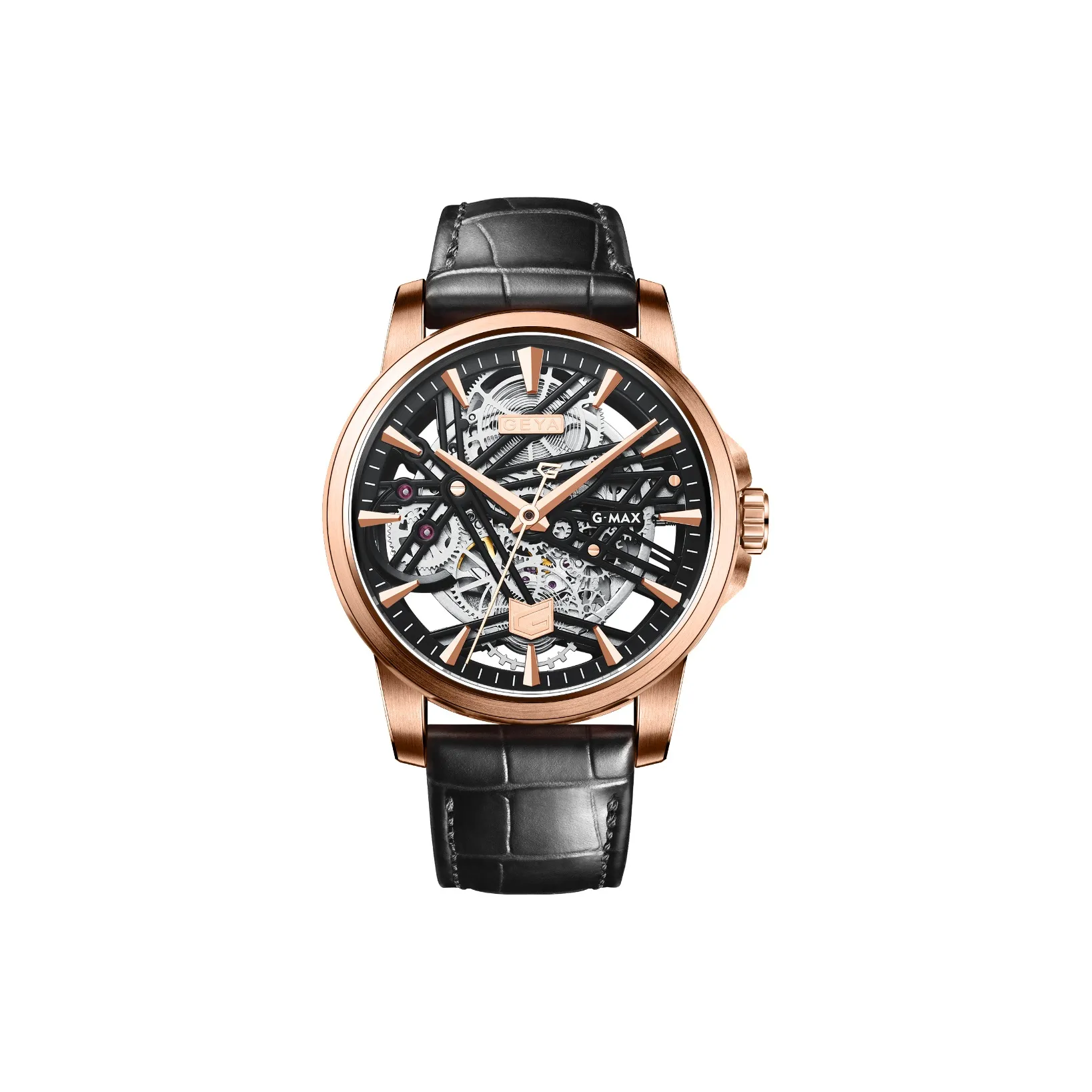 GEYA G MAX Collection Automatic Mechanical Movement Genuine Leather Strap Watch Men's Watches Skeleton Dial