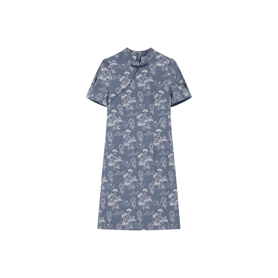 Mo Han Yi Mei Short Sleeved Dress Women's Blue With White Floral