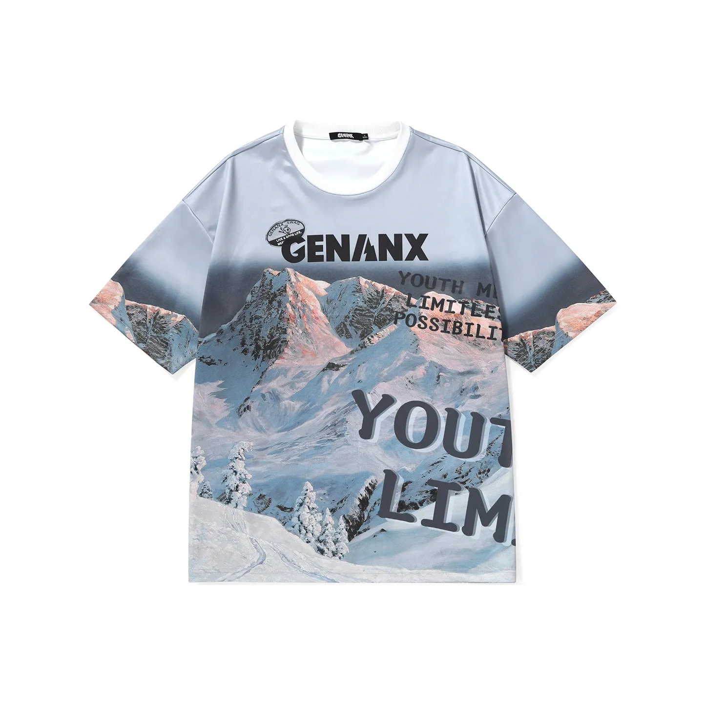 GENANX Straight Elbow Length Sleeved T Shirt Unisex Printed Gray