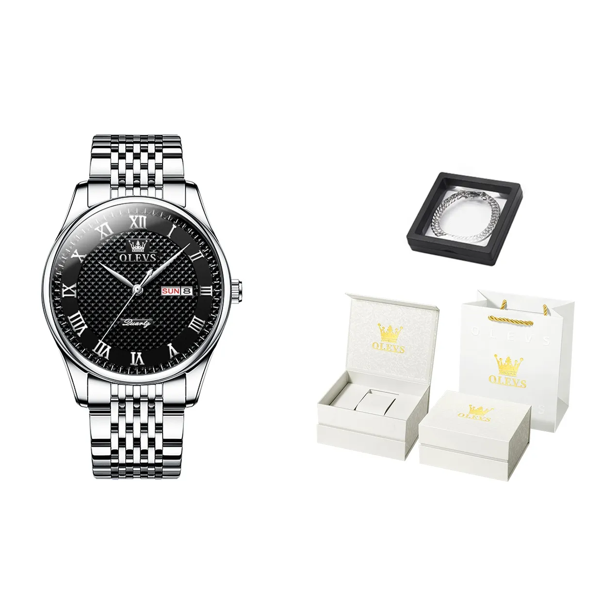 OLEVS Wisdom Series Кварцевый механизм ремешок из нержавеющей стали черный циферблат мужские часы