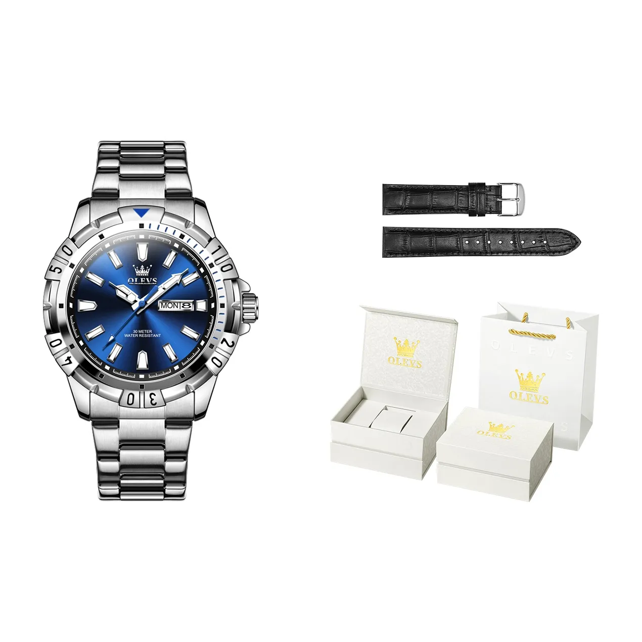 OLEVS Play The Cool Series Кварцевый механизм Нержавеющий стальной ремешок Часы Мужские Черный циферблат