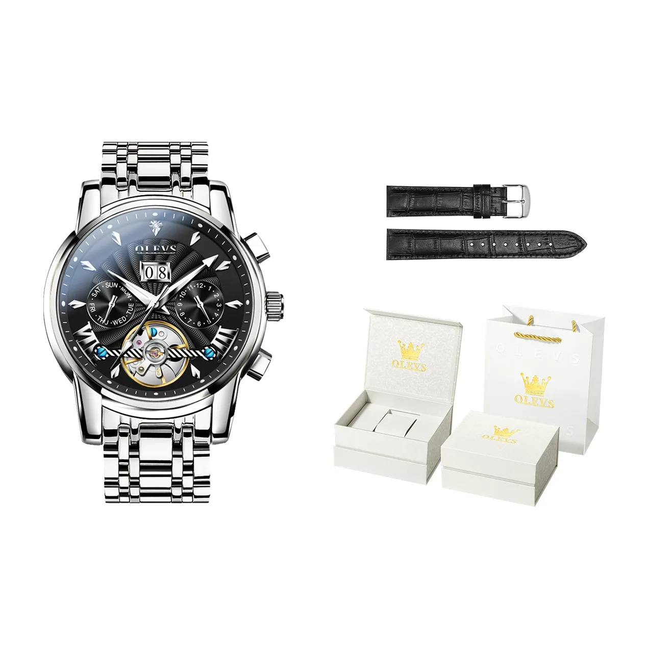 OLEVS Автоматический Механический Механизм Нержавеющая Сталь Ремешок Часы Мужские Белый Циферблат