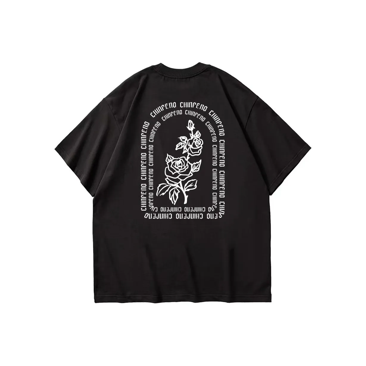 Chinpeno Letter Rose Plant Print American Loose Fit Drop Shoulder Crew Neck Breathable Short Sleeved T Shirt Unisex