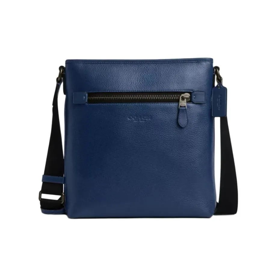 COACH Litchi Grain Leather With Smooth Calfskin Shoulder Bag, Crossbody Bag Medium Size Men's Dark Blue