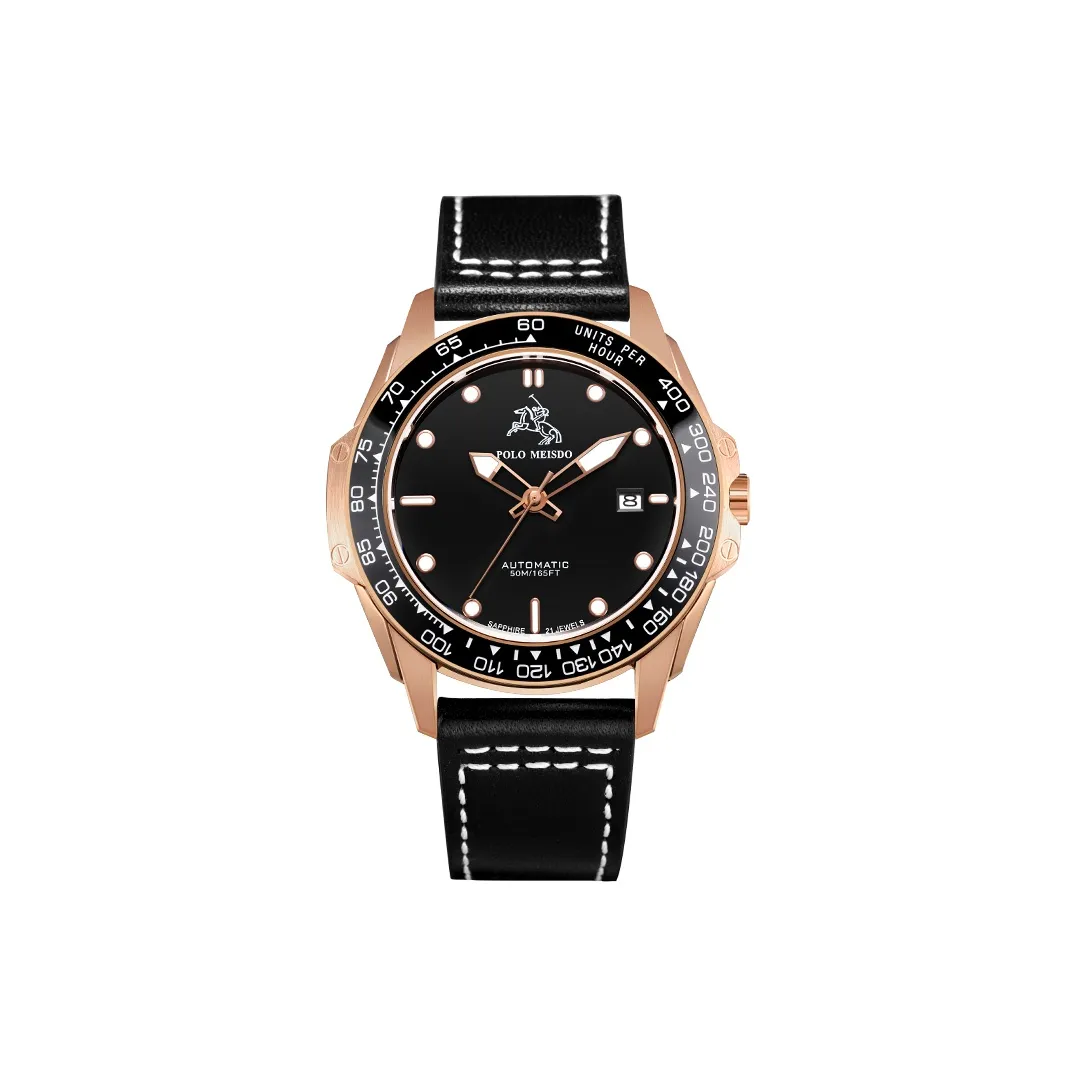 POLOMEISDO Wrist Watch Automatic Mechanical Movement Cowhide Strap 41mm Black Dial Men's Watches Redwood Box