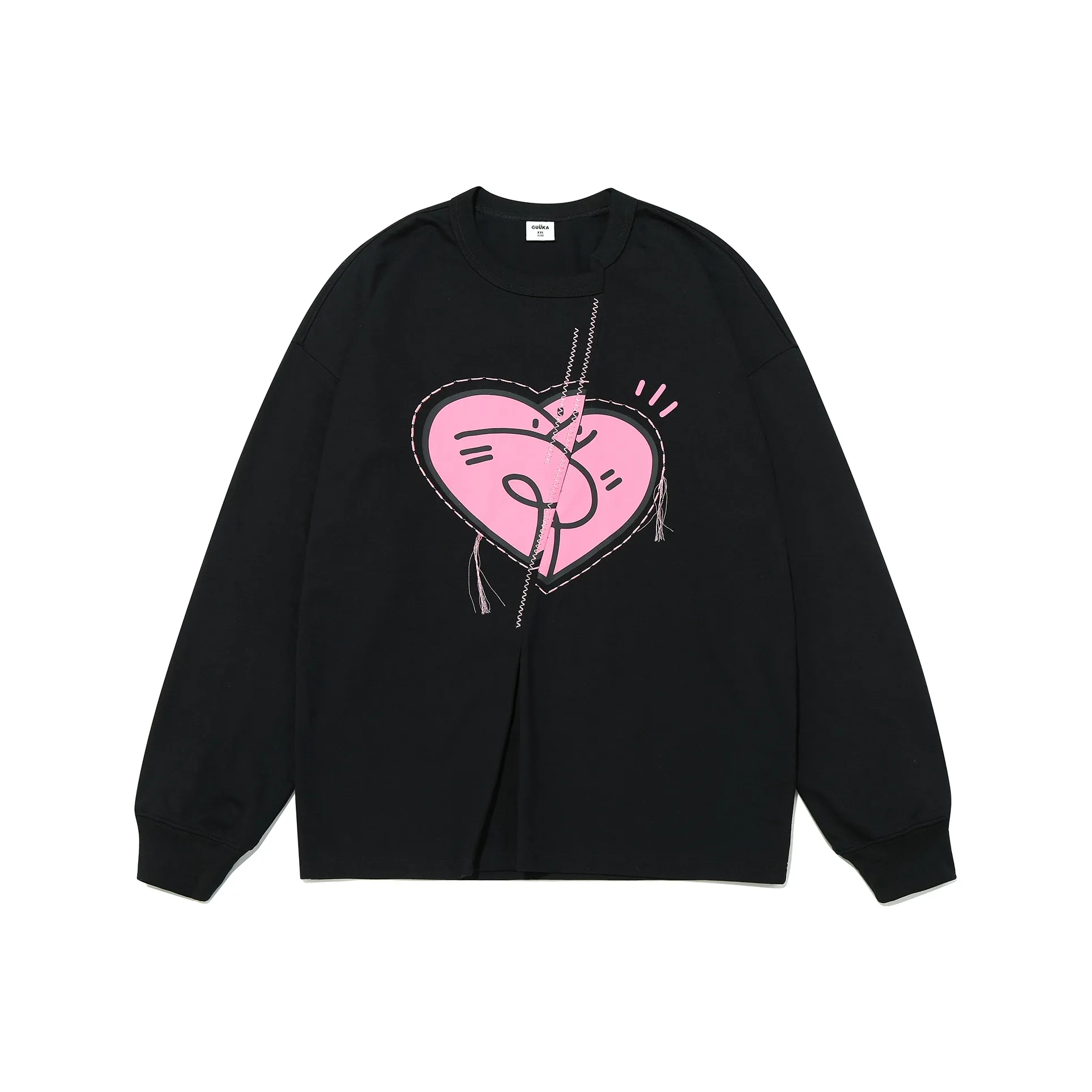 Guuka Круглый вырез Спущенное плечо Свободный крой Пара 100% хлопок Длинный рукав Футболка Унисекс Черный
