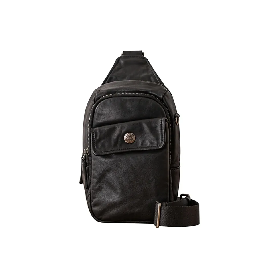 Back Step Top Grain Vegetable Tanned Cow Leather Genuine Leather Crossbody Bag, Sling Bag Trumpets Unisex Black