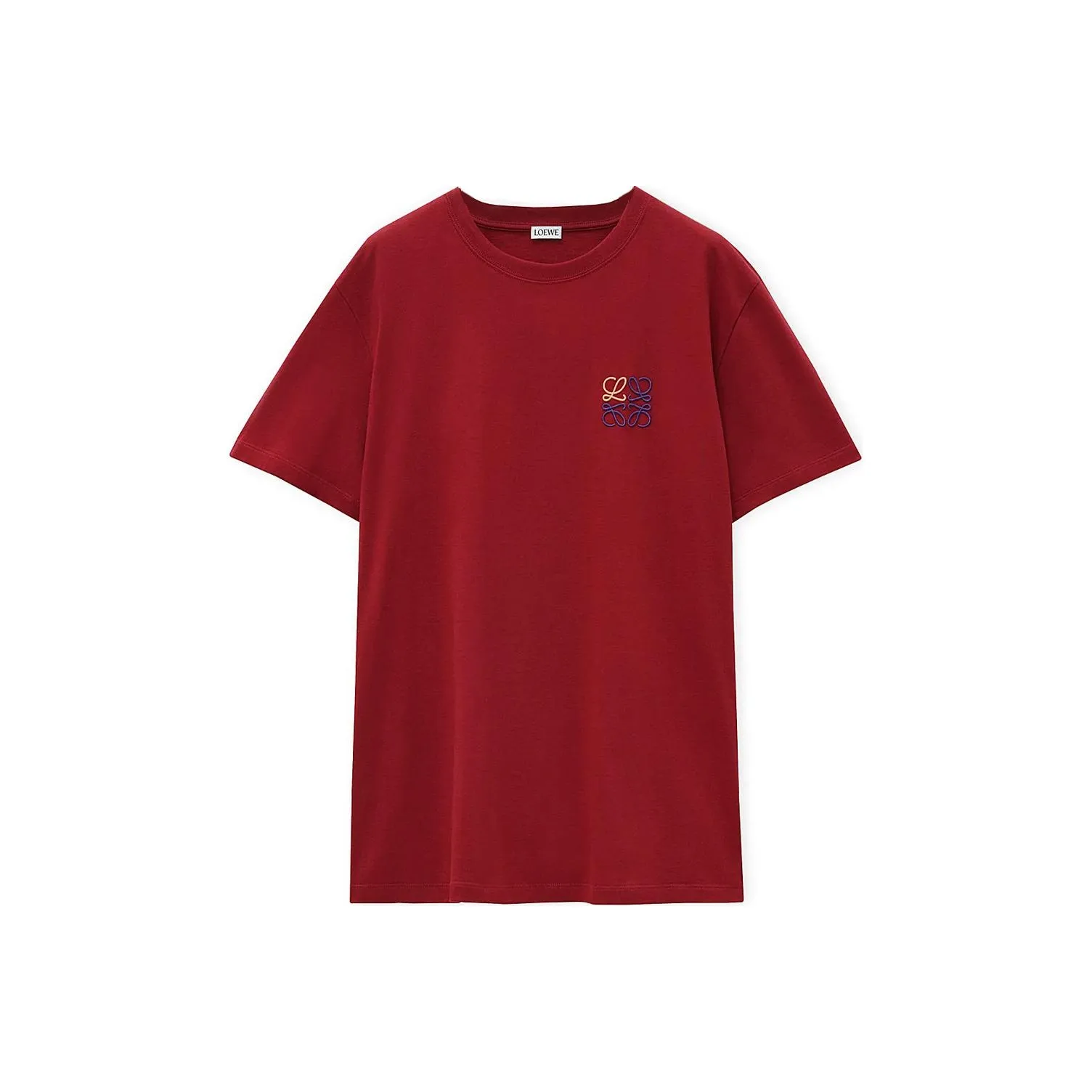 LOEWE Однотонный Логотип Вышивка Круглый вырез Пуловер Короткий рукав Т-Рубашка Мужская Бордовый Красный