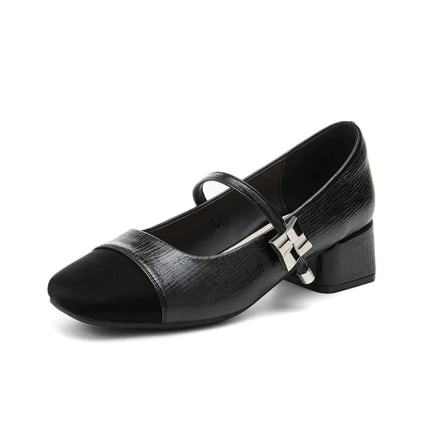 JOSINY Французский Низкий вырез Обувь без подкладки Slip On Высокие каблуки Грубый каблук Туфли Мэри Джейн Высота каблука 4 см Женские Черный