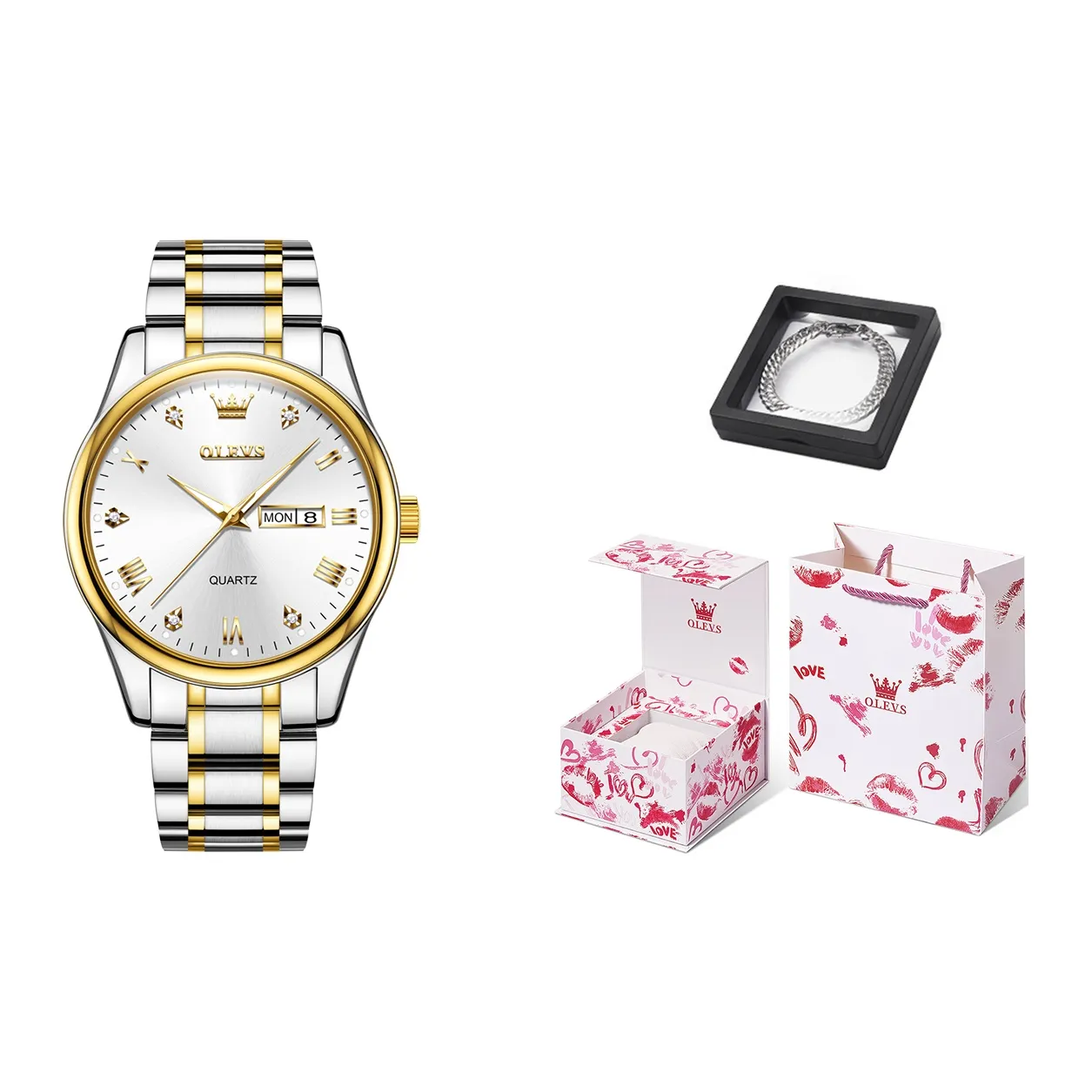 OLEVS Кварцевый механизм ремешок из нержавеющей стали мужские часы белый циферблат