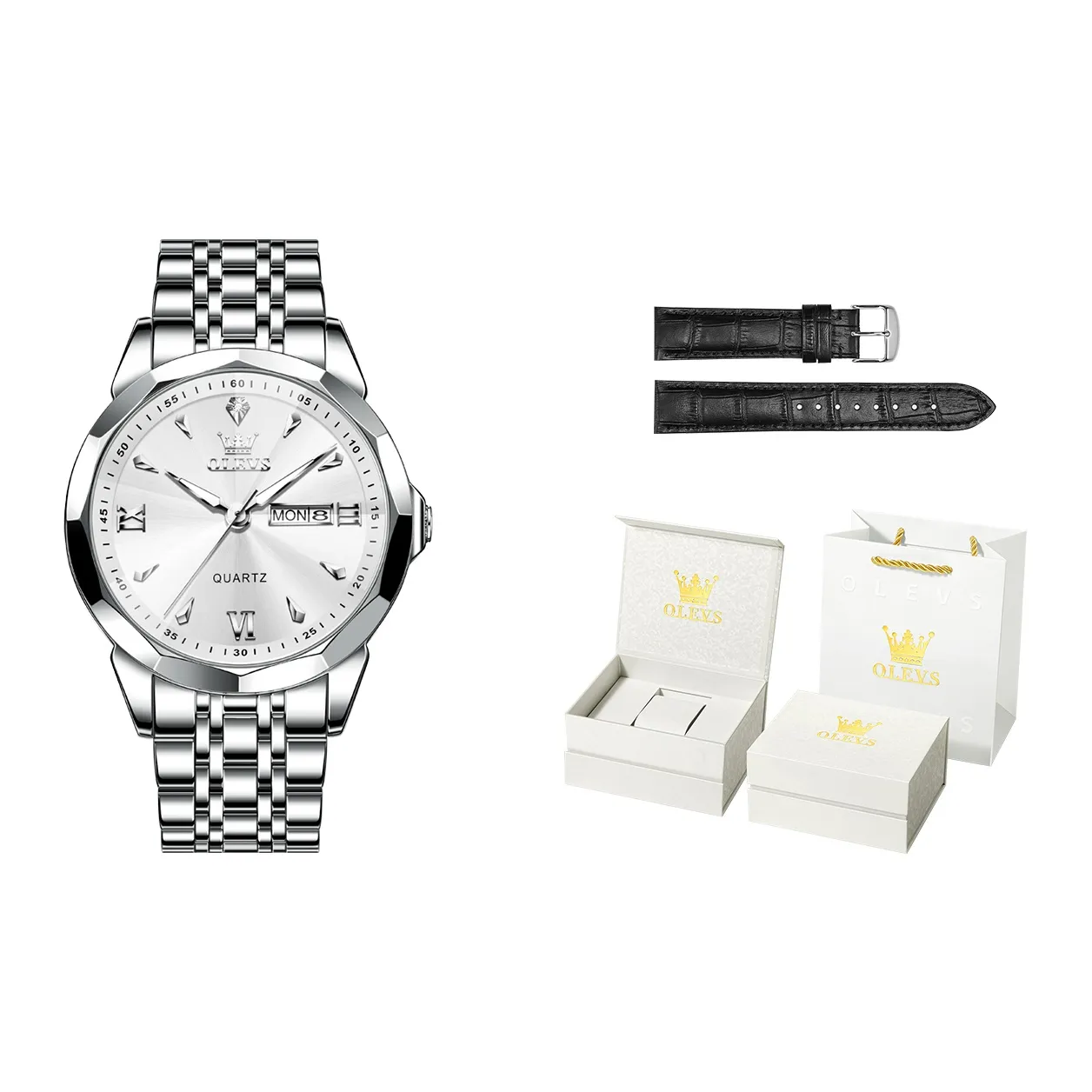 OLEVS Кварцевый механизм ремешок из нержавеющей стали мужские часы белый циферблат