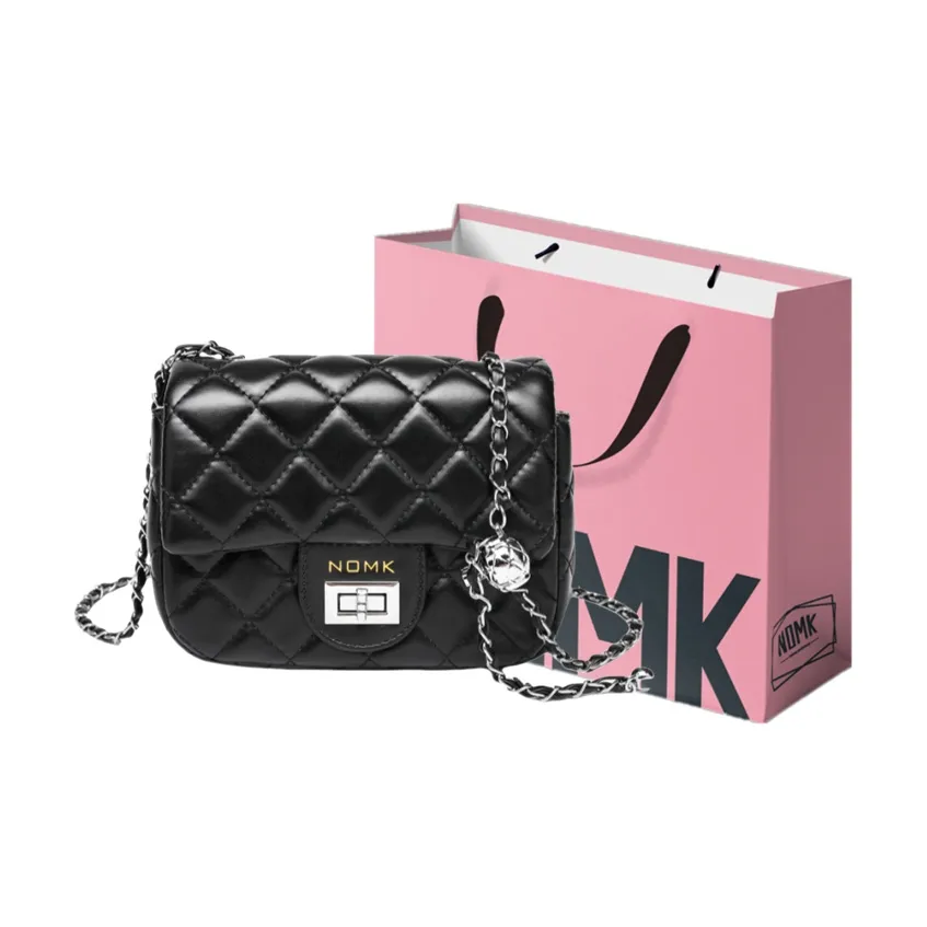 NOMK Leather Shoulder Bag, Crossbody Bag Medium Size Women's Black/Silver