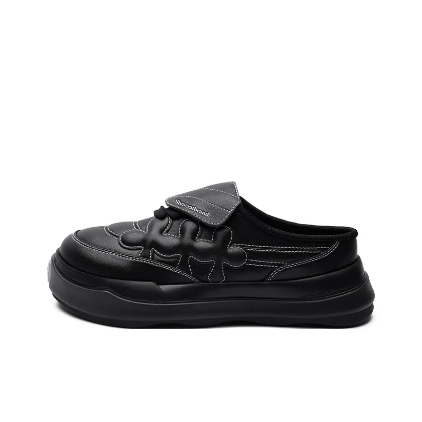 SHOOT BRAND Rubber Sole Leather Patchwork Abrasion Resistant Slip Resistant Wrap toe Slippers Unisex Black